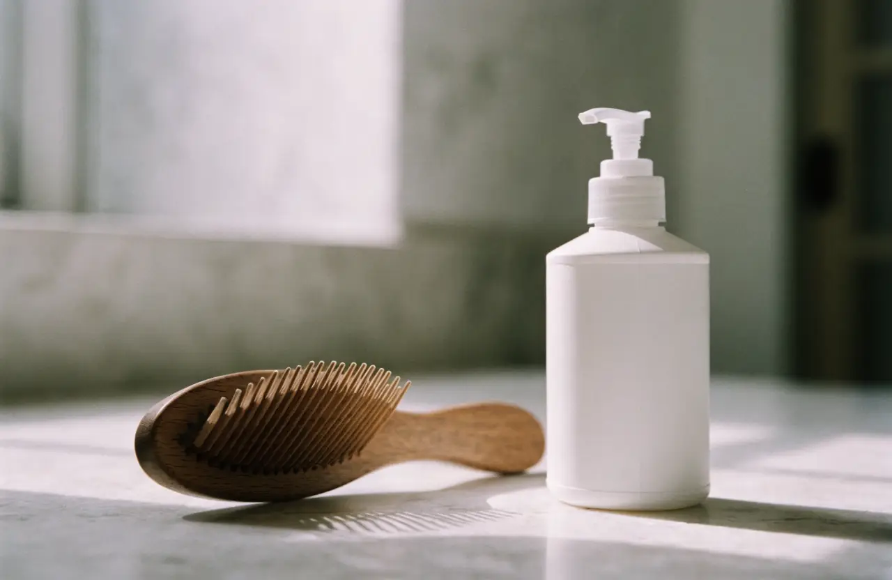 A wooden hairbrush and a plain white pump bottle on a bathroom counter