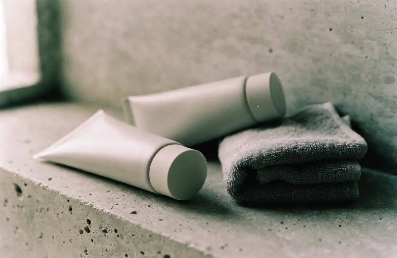 Two plain skincare tubes beside a folded face cloth on a concrete shelf