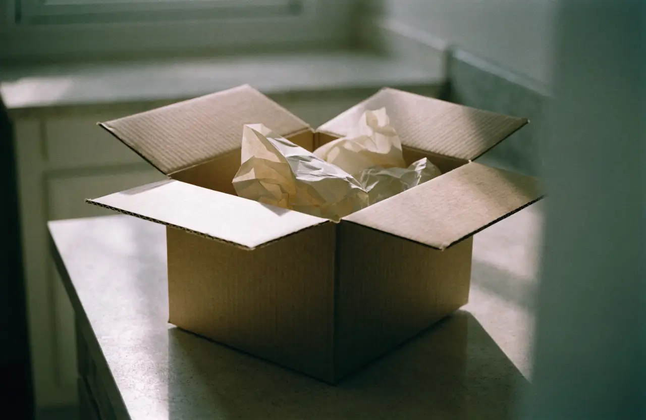 An opened plain cardboard shipping box on a kitchen counter