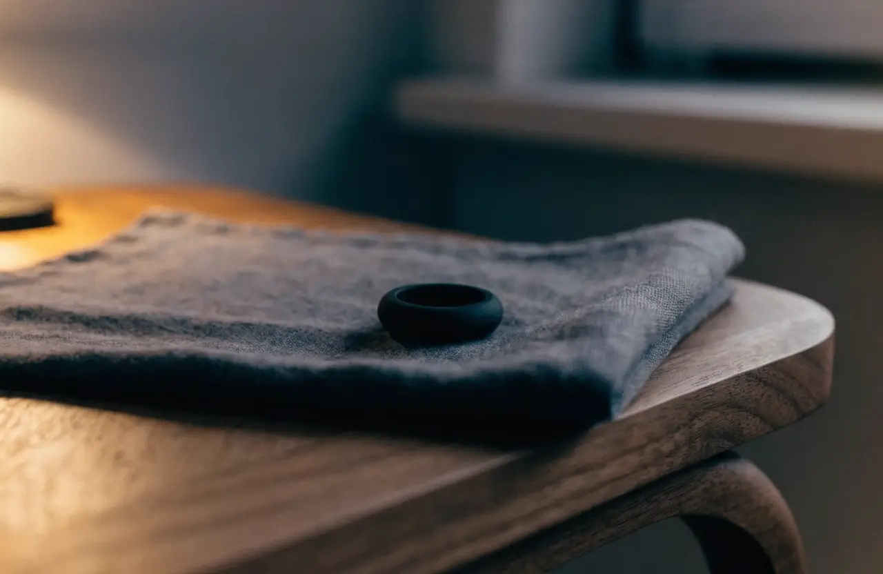 A matte black silicone ring resting on folded linen on a bedside table